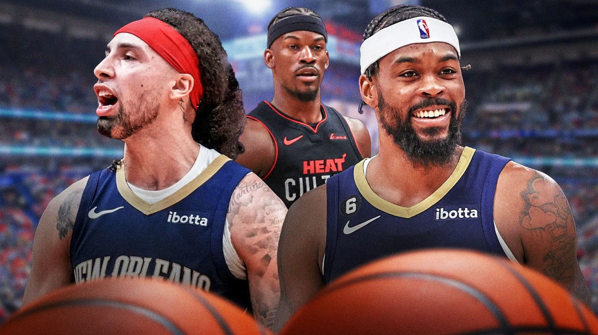 Pelicans' Jose Alvarado and Naji Marshall with Heat's Jimmy Butler