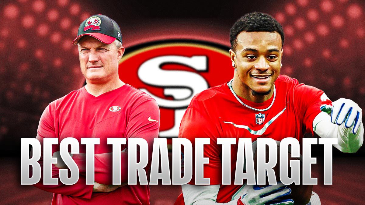 Patrick Surtain II in the middle, Coach Kyle Shanahan and GM John Lynch around him, and San Francisco 49ers wallpaper in the background.