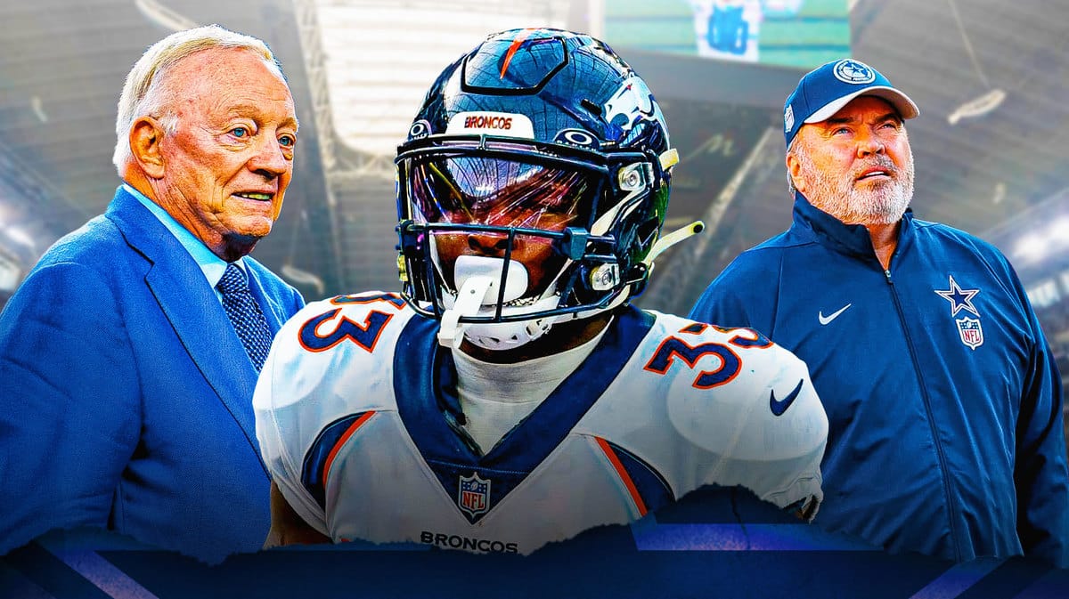 Javonte Williams in the middle, Coach Mike McCarthy and GM Jerry Jones around him, and Dallas Cowboys wallpaper in the background.