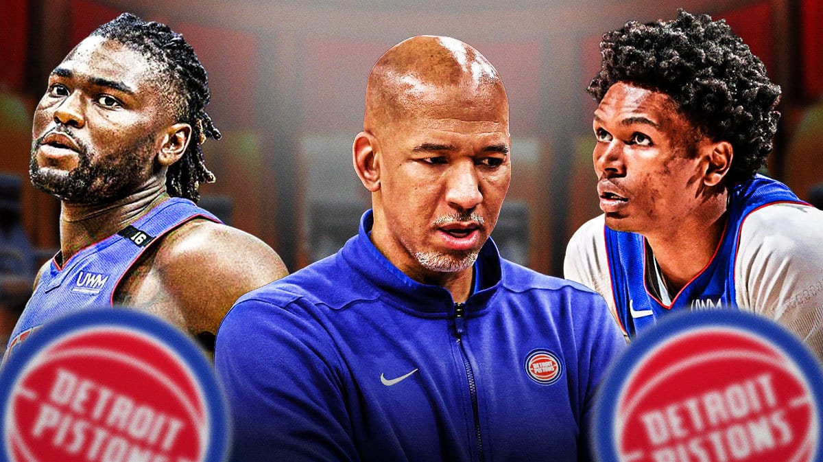 Pistons' Monty Williams looking concerned next to Ausar Thompson and Isaiah Stewart