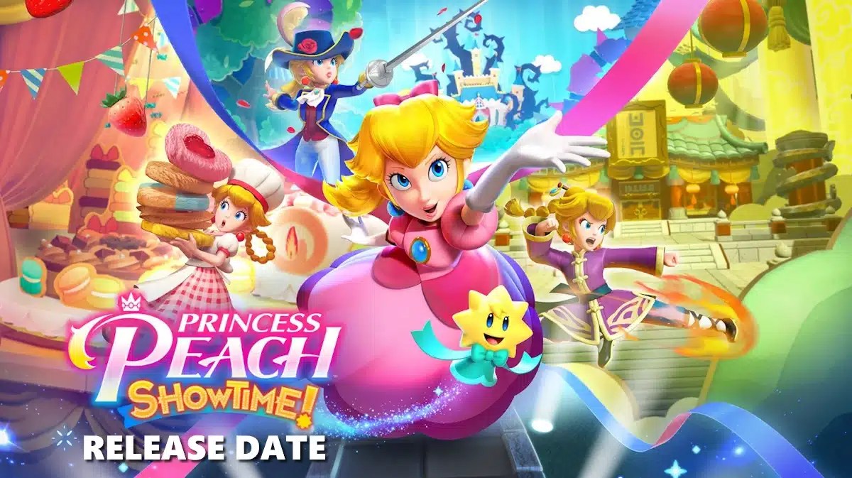princess peach showtime, princess peach showtime release date, princess peach showtime story, princess peach showtime gameplay, princess peach showtime trailer, key art for princess peach showtime with the words release date under the game title