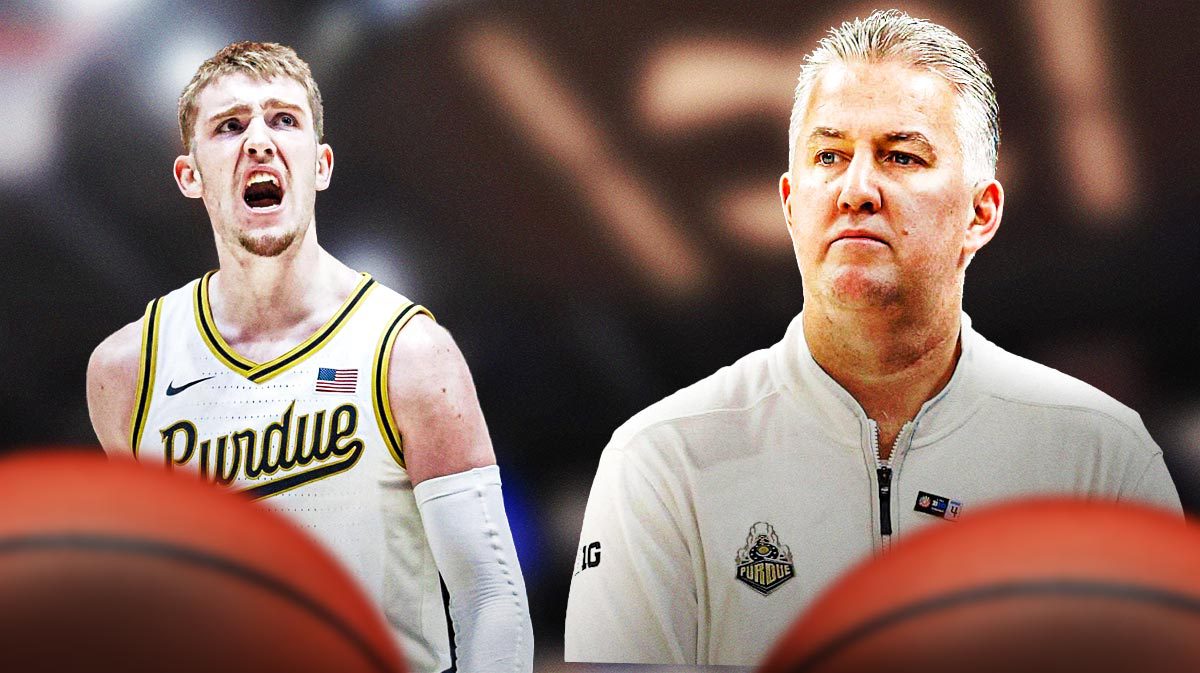 Purdue basketball coach Matt Painter looking at Braden Smith.