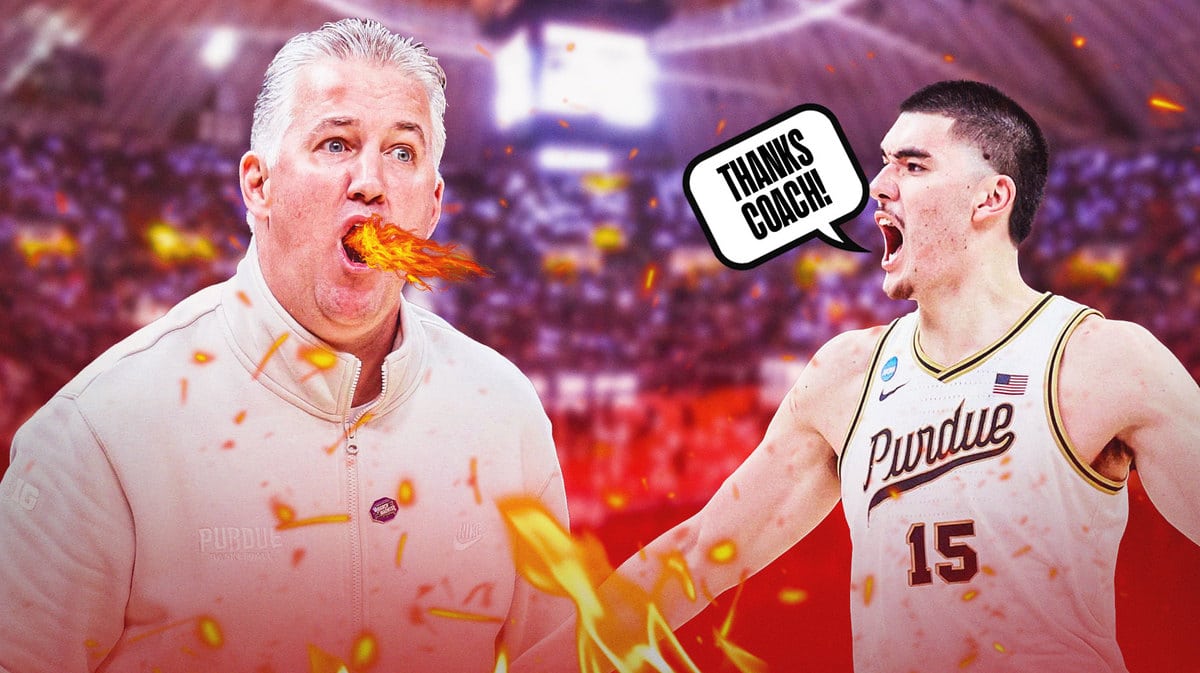 Matt Painter with fire coming out his mouth. Zach Edey with speech balloon that says, Thanks coach!