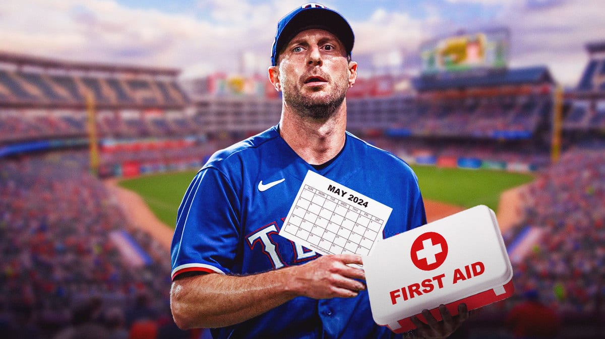 Rangers' Max Scherzer holding a first-aid kit on one hand and a May 2024 calendar on the other hand