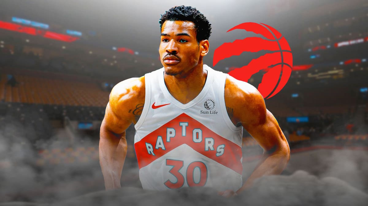 Raptors' Ochai Agbaji looks at officials after injury against Knicks