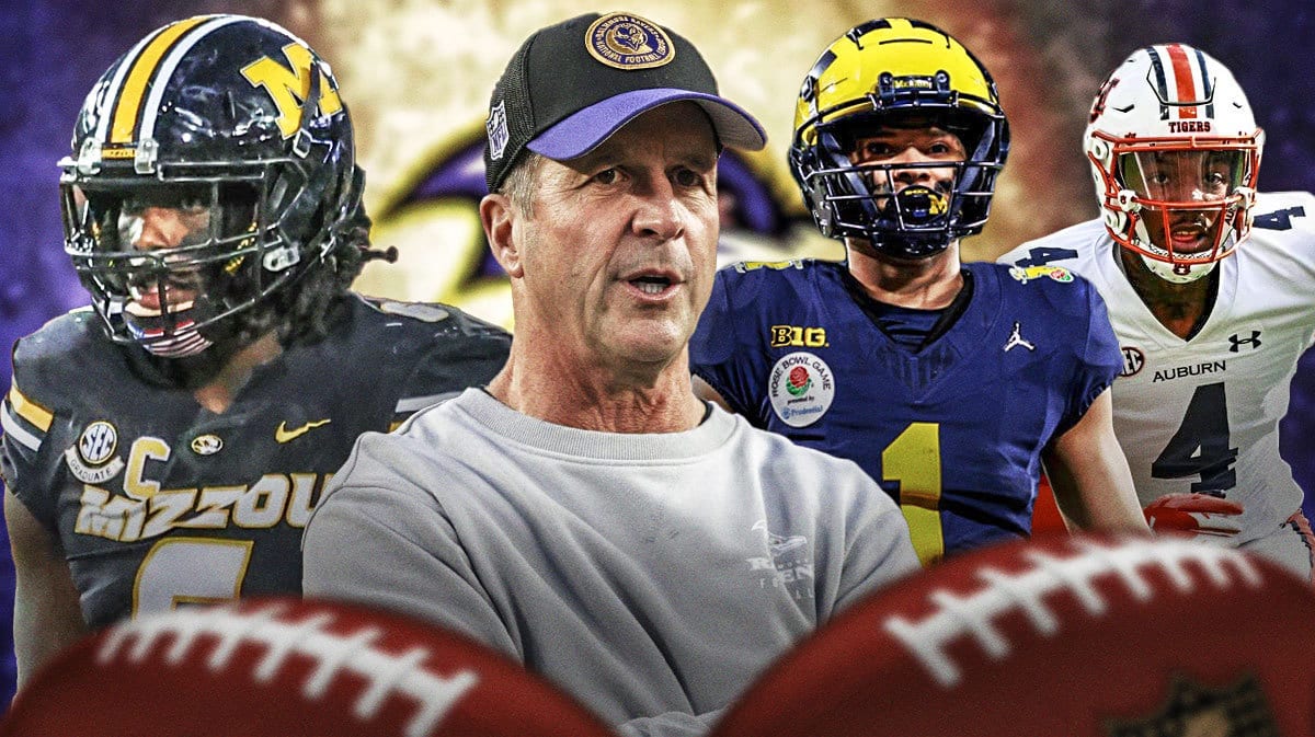 Coach John Harbaugh in the middle, Darius Robinson, Roman Wilson, DJ James around him, and Baltimore Ravens wallpaper in the background.