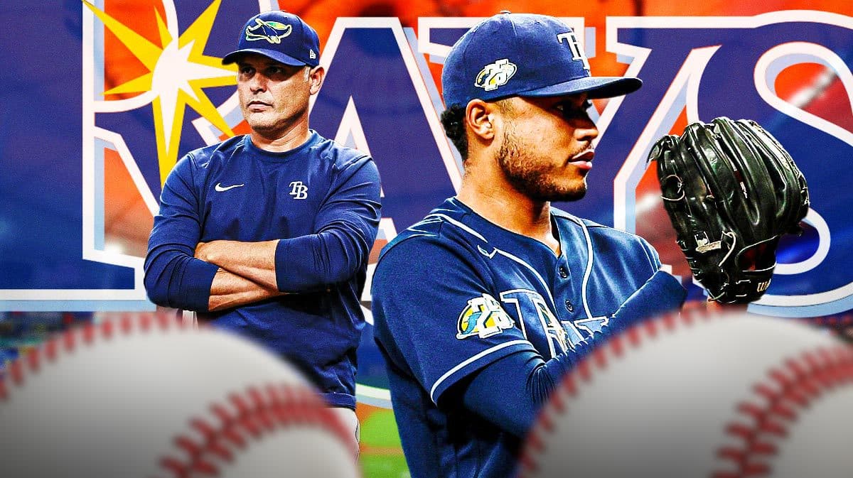 Rays Taj Bradley next to Kevin Cash in front of a Rays logo