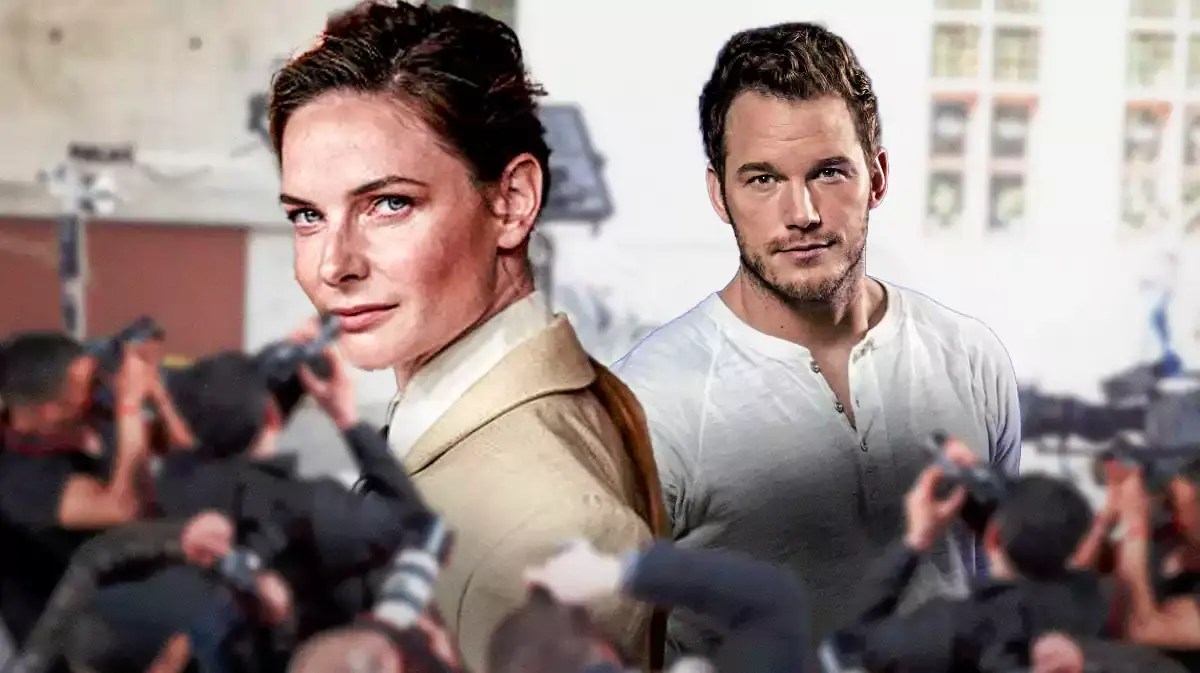 Dune 2 star Rebecca Ferguson and Chris Pratt with movie set background.