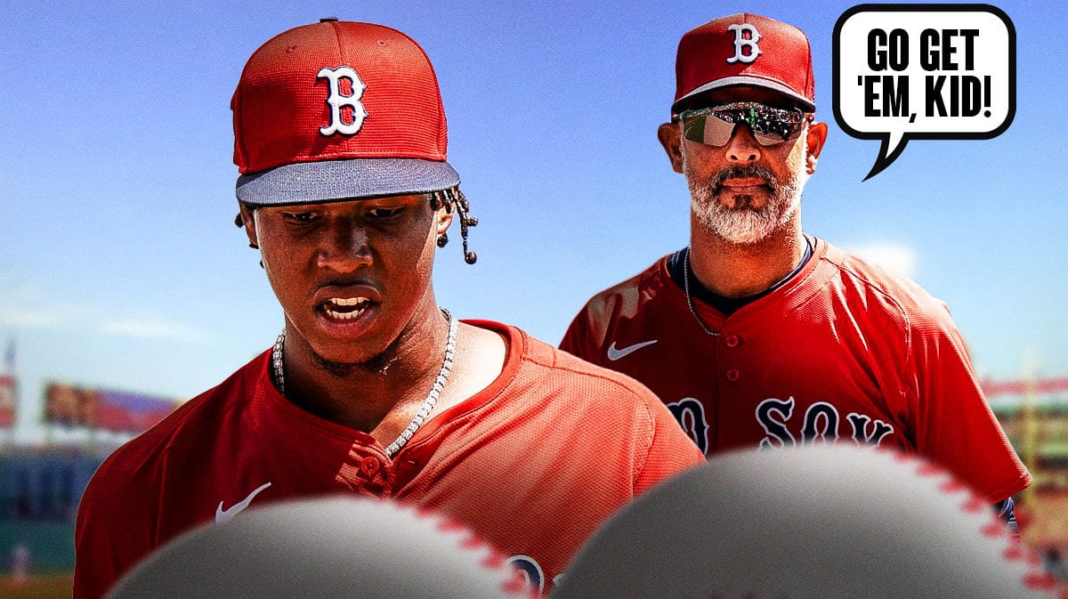 Brayan Bello smiling next to Alex Cora. Cora saying “Go get 'em, kid!” (Boston Red Sox)