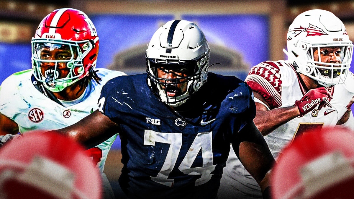 Dallas Turner (Alabama), Olu Fashanu (Penn State), and Jared Verse (Florida State) all in action with a New Orleans Saints logo in front and an NFL Draft background.