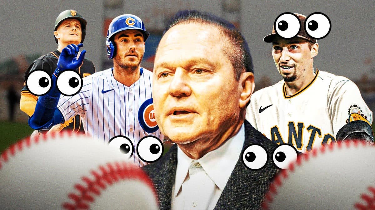 Scott Boras in front looking serious. Eyes emoji all looking at him. In background, need Cody Bellinger (Cubs uniform), Matt Chapman (Giants uniform), and Blake Snell (Giants uniform).