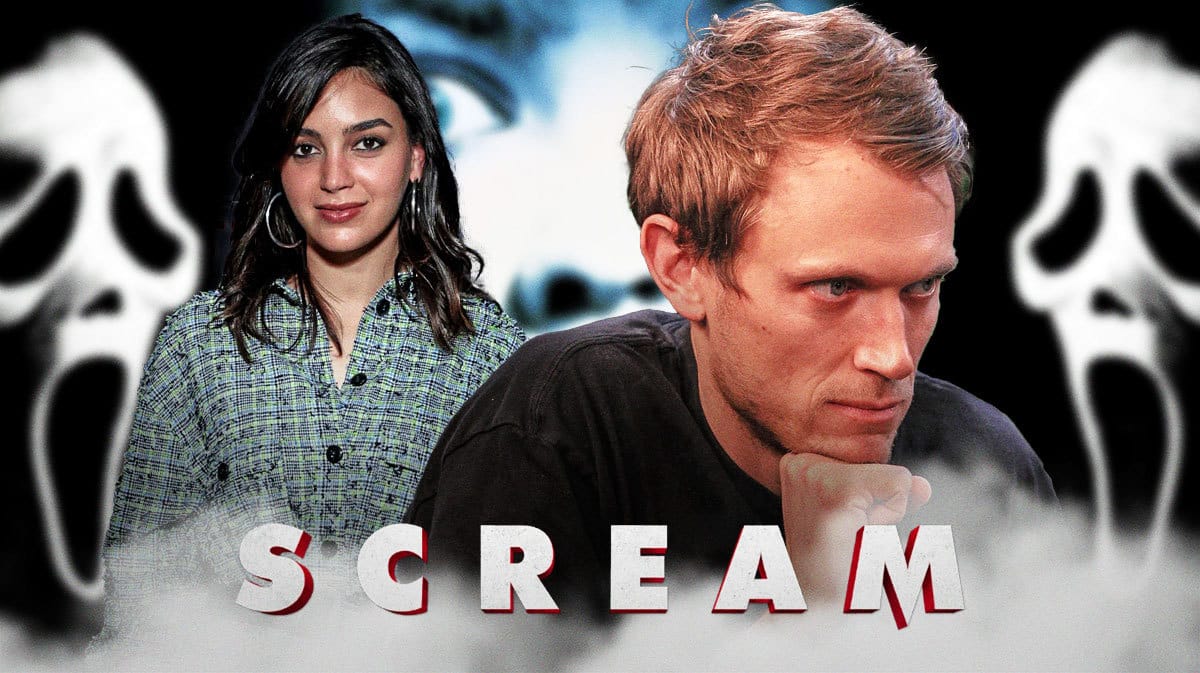 Melissa Barrera, Matt Bettinelli-Olpin and Ghostface with Scream logo.
