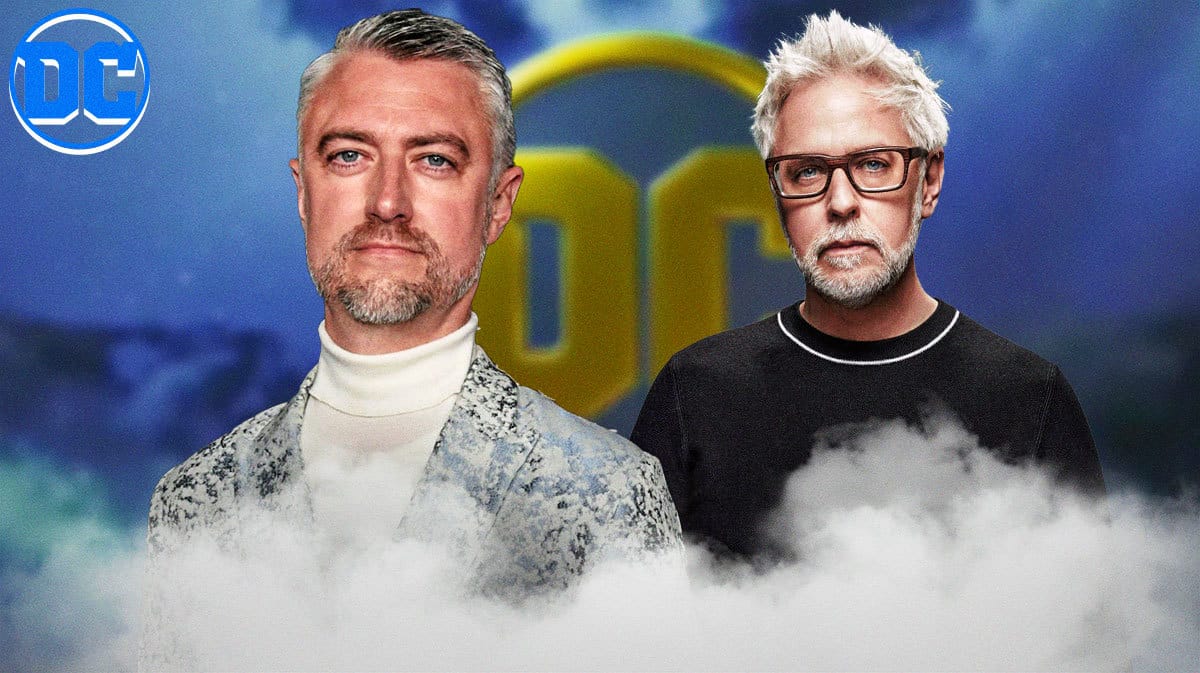 Sean Gunn, James Gunn, in front of DC logo.