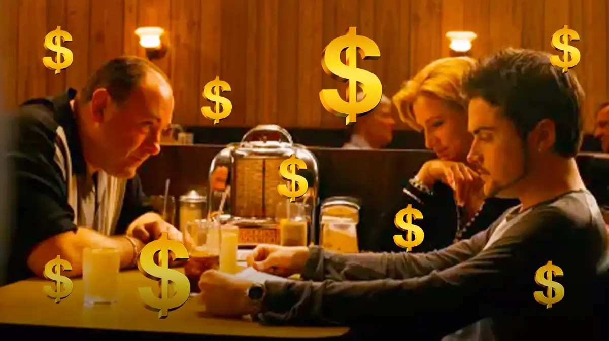 Scene from The Sopranos finale with dollar signs.