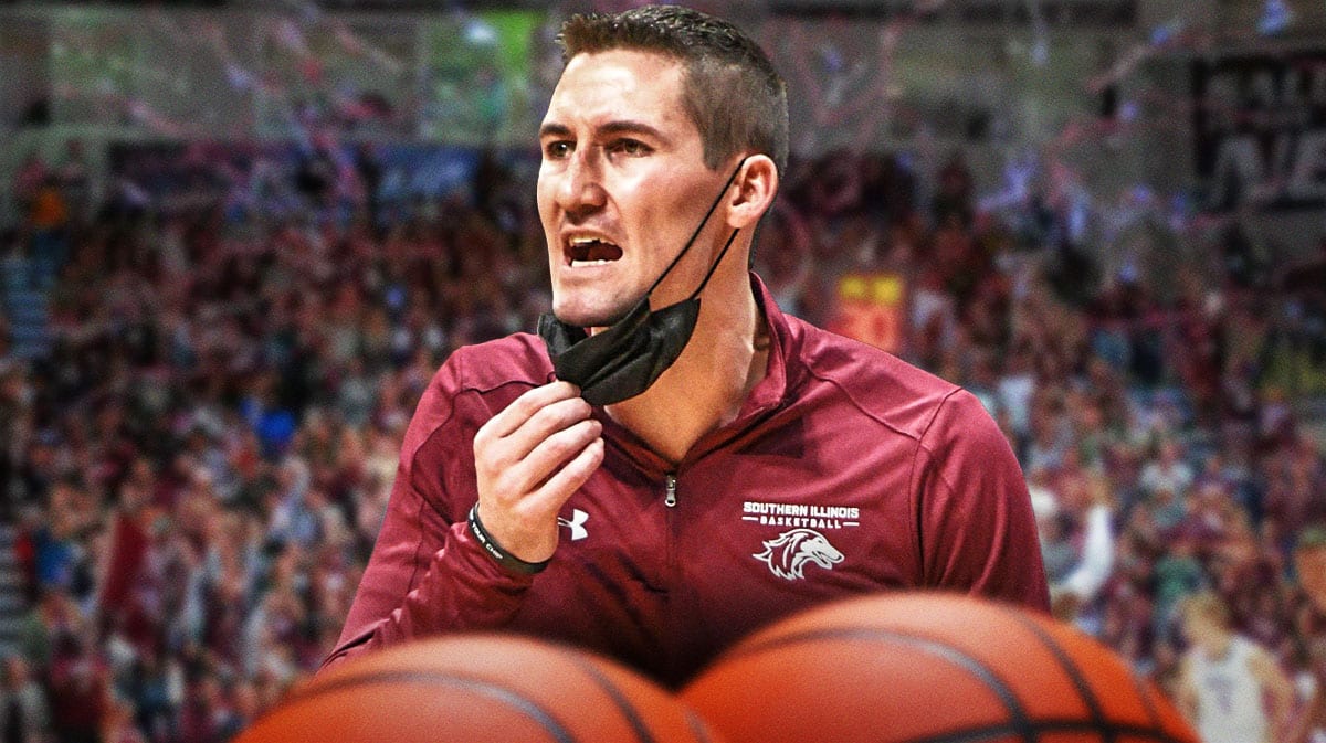 Southern Illinois basketball, Salukis, Bryan Mullins, Bryan Mullins fired, UIC basketball, Bryan Mullins looking upset with Southern Illinois basketball arena in background