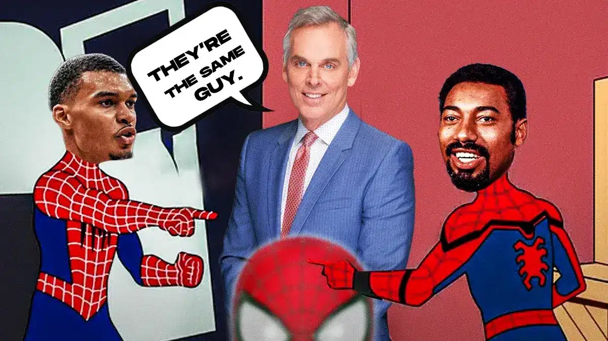 Victor Wembanyama and Wilt Chamberlain both as Spider Man. Colin Cowherd looking at them