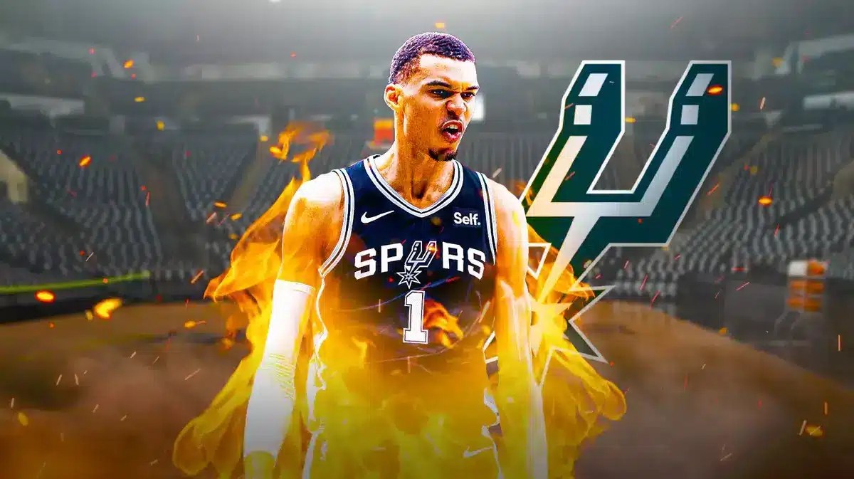 Victor Wembanyama with fire aura and Spurs beside him