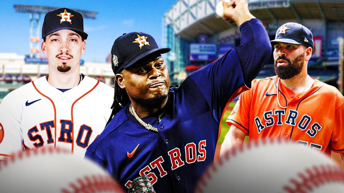 Astros' Framber Valdez pitching a baseball in front. Astros' Jose Urquidy looking serious on right. Blake Snell in an Astros uniform looking serious on left. Minute Maid Park background.