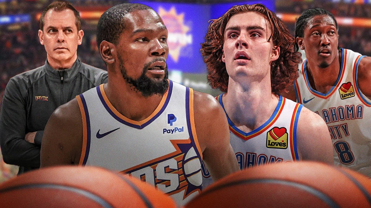Phoenix Suns lost to the OKC Thunder 134-102. Suns coach Frank Vogel and Kevin Durant on left, Thunder's Josh Giddey and Jalen Williams on right.