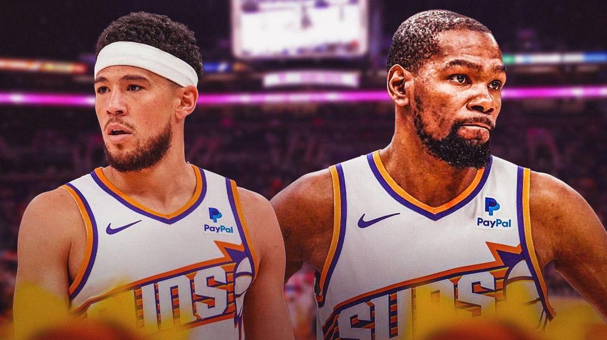 Devin Booker and Kevin Durant in Phoenix Suns jerseys