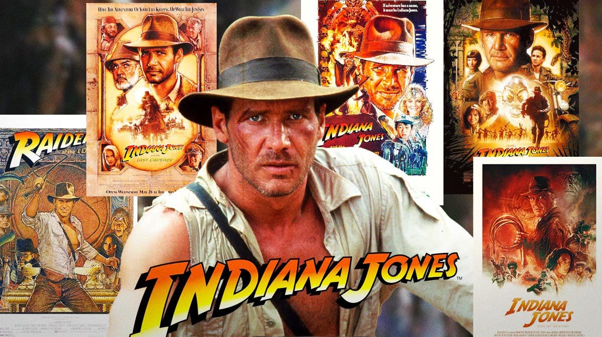 Harrison Ford as Indiana Jones with logo and posters for all 5 movies.