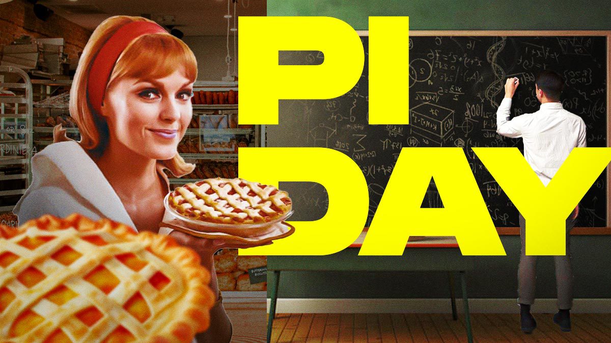 A rom-com movie poster for a fake movie called “Pi Day” modeled after the cheesy Hallmark movie posters with a woman holding pies in a bakery, and a guy who’s a mathematician writing equations on a chalkboard.