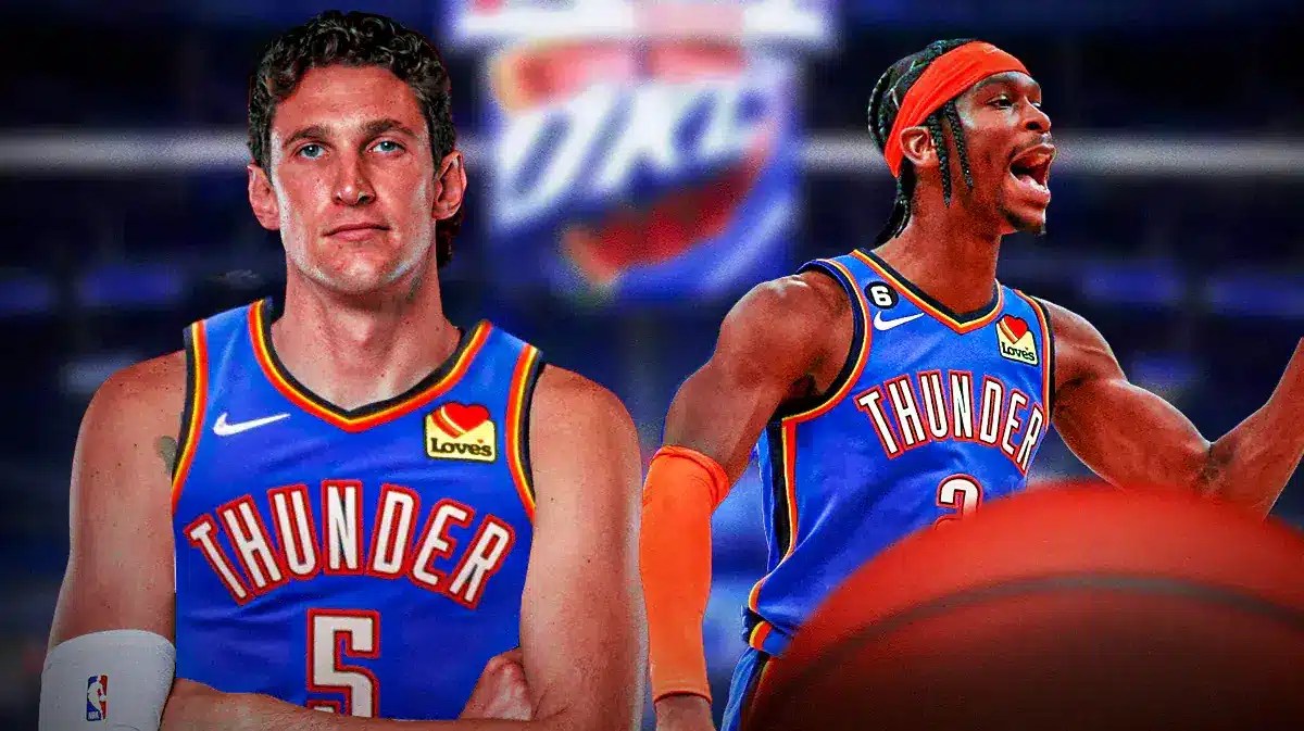 Mike Muscala in a Thunder uniform next to Shai Gilgeous-Alexander.