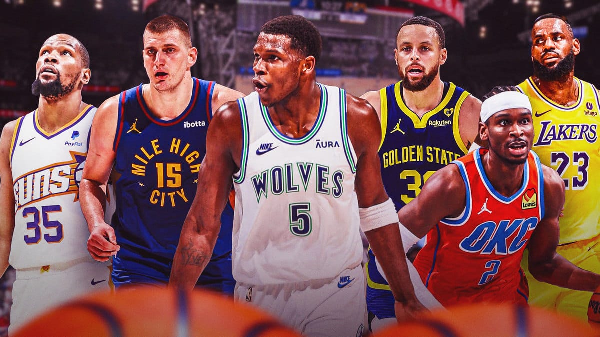 Timberwolves' Anthony Edwards with Kevin Durant, Nikola Jokic, Stephen Curry, Shai Gilgeous-Alexander and LeBron James