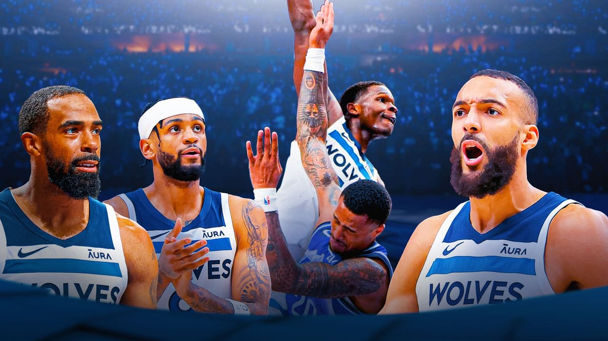 Timberwolves' Mike Conley, Nickeil Alexander-Walker and Rudy Gobert react to Anthony Edwards' dunk over John Collins