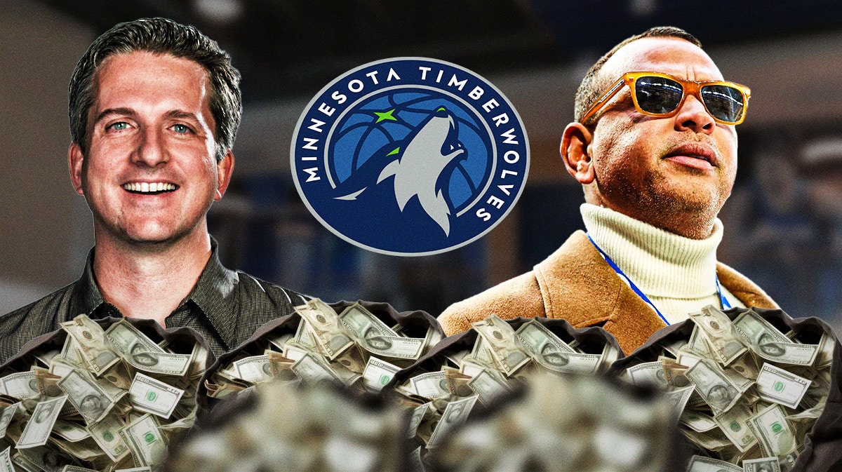 Bill Simmons and Alex Rodriguez (in street clothes) with a Timberwolves logo on one side, the NBA logo on the other and money bags in the front