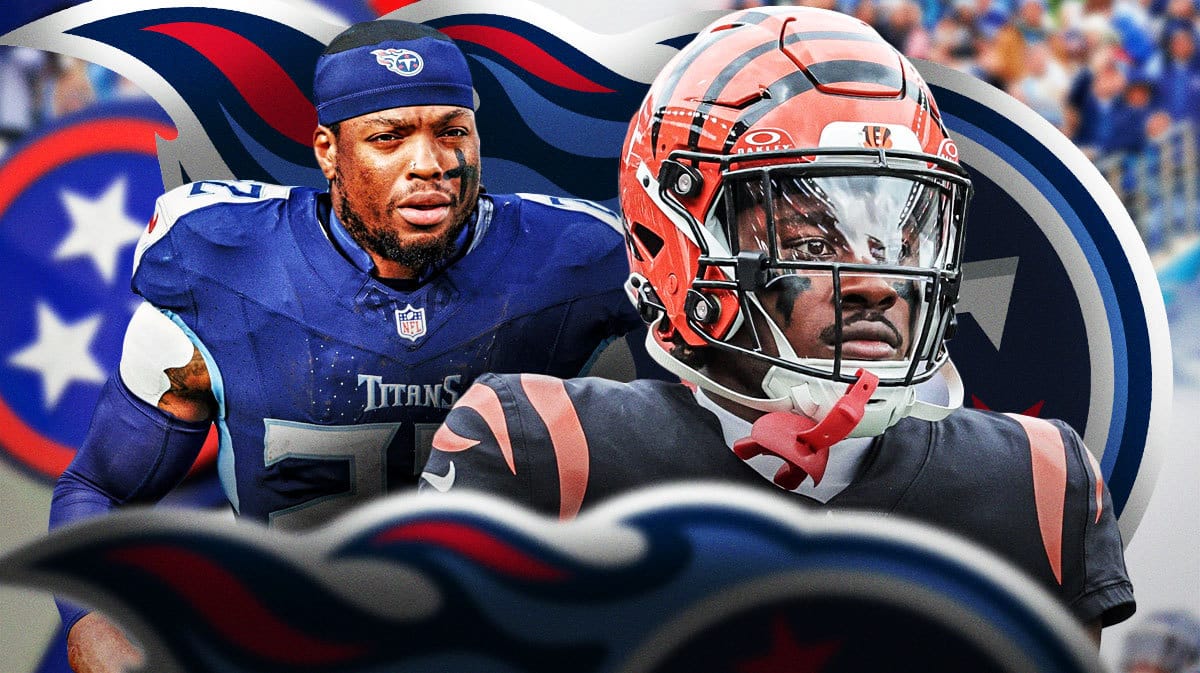 Titans' Derrick Henry stands next to Bengals' Chidobe Awuzie