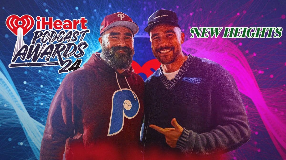 Jason and Travis Kelce, iHearPodcast Awards and New Heights logos
