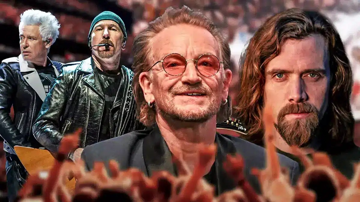 U2 Adam Clayton, The Edge, and Bono with Bram van den Berg and Sphere background.