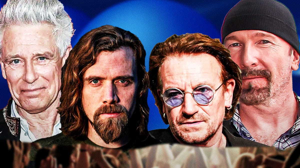 U2 Sphere drummer Bram van den Berg with Adam Clayton, Bono, and The Edge.