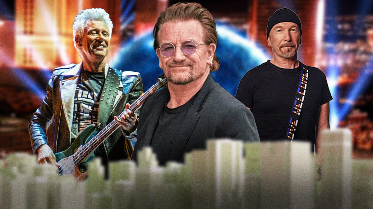 U2 members Adam Clayton, Bono, and The Edge in front of the Sphere.