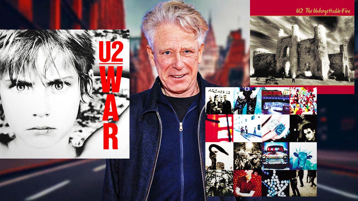 U2 bassist Adam Clayton with album covers of War, Achtung Baby, and The Unforgettable Fire.