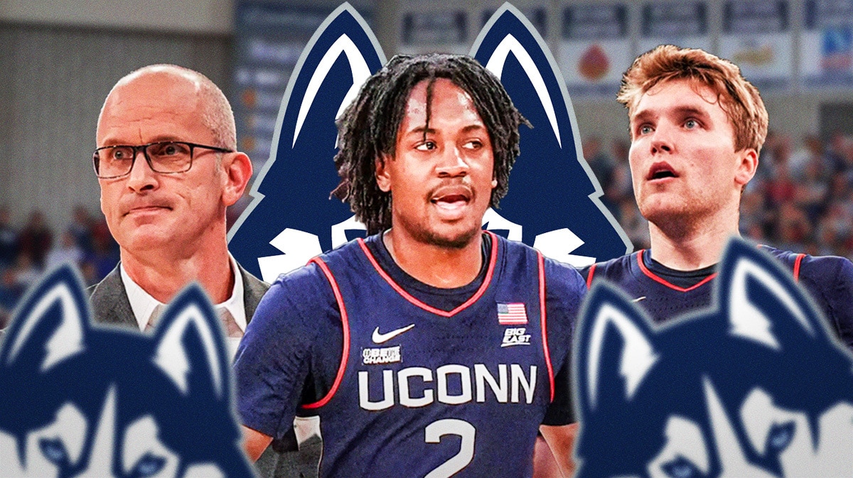 Dan Hurley, Tristen Newton, and Cam Spencer of UConn basketball