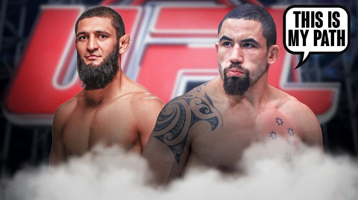 Robert Whittaker saying: ‘This is my path’ next to Khamzat Chimaev in front of the UFC logo