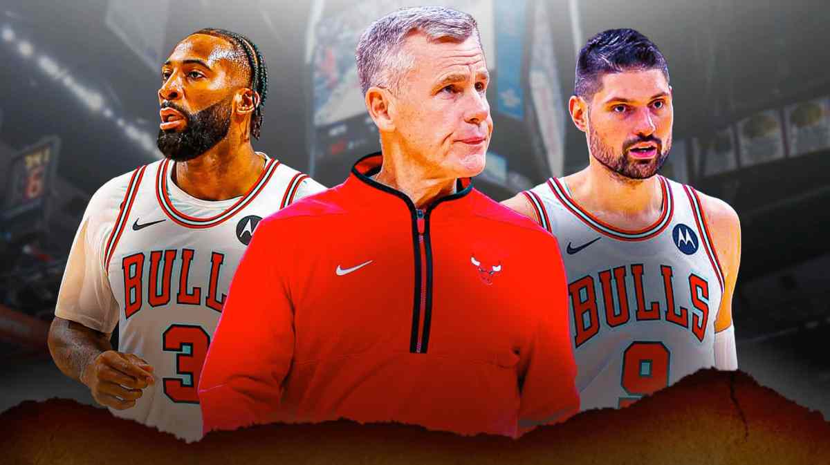 Bulls, Billy Donovan, Billy Donovan Bulls, Bulls Kings, Bulls Jazz, Billy Donovan, Andre Drummond and Nikola Vucevic with Bulls arena in the background