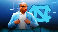 Hubert Davis with the North Carolina Tar Heels logo in the background, March Madness