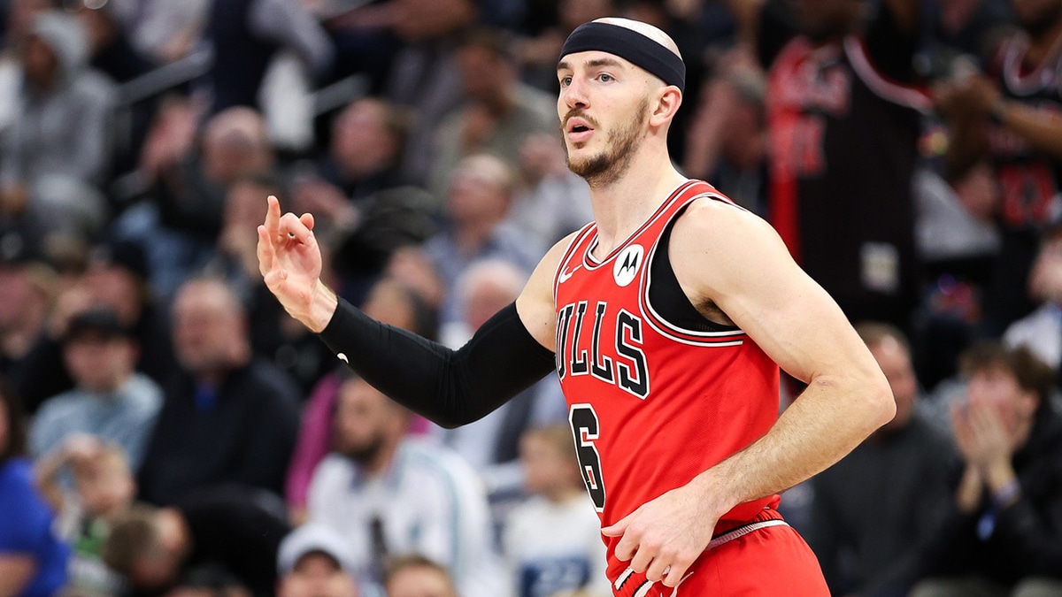 Chicago Bulls guard Alex Caruso (6) celebrates his three-point basket against the Minnesota Timberwolves during the second half at Target Center. 