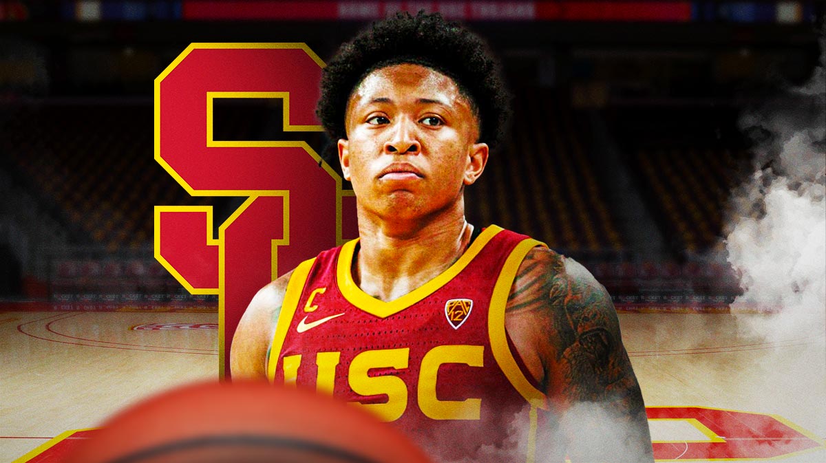 USC basketball, Trojans, Boogie Ellis, Andy Enfield, Arizona State basketball, Boogie Ellis in USC uni with USC basketball arena in the background