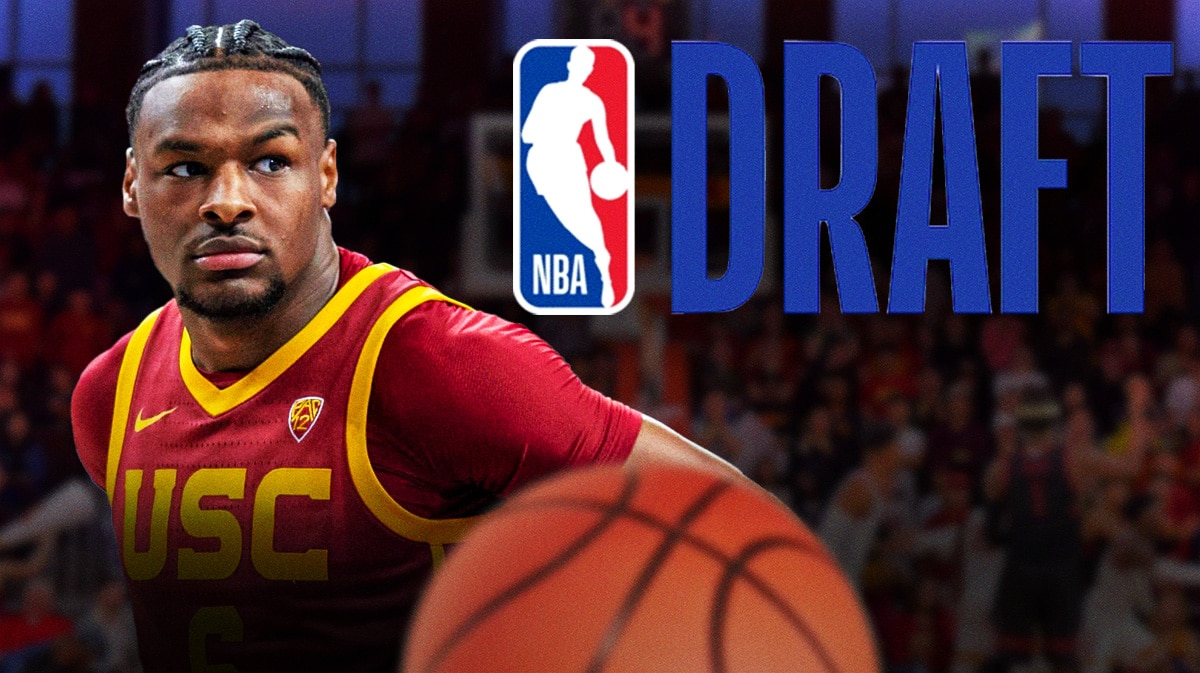 USC basketball, Trojans, Bronny James, Bronny James NBA Draft, Bronny James NBA, Bronny James and NBA Draft logo with USC basketball arena in the background