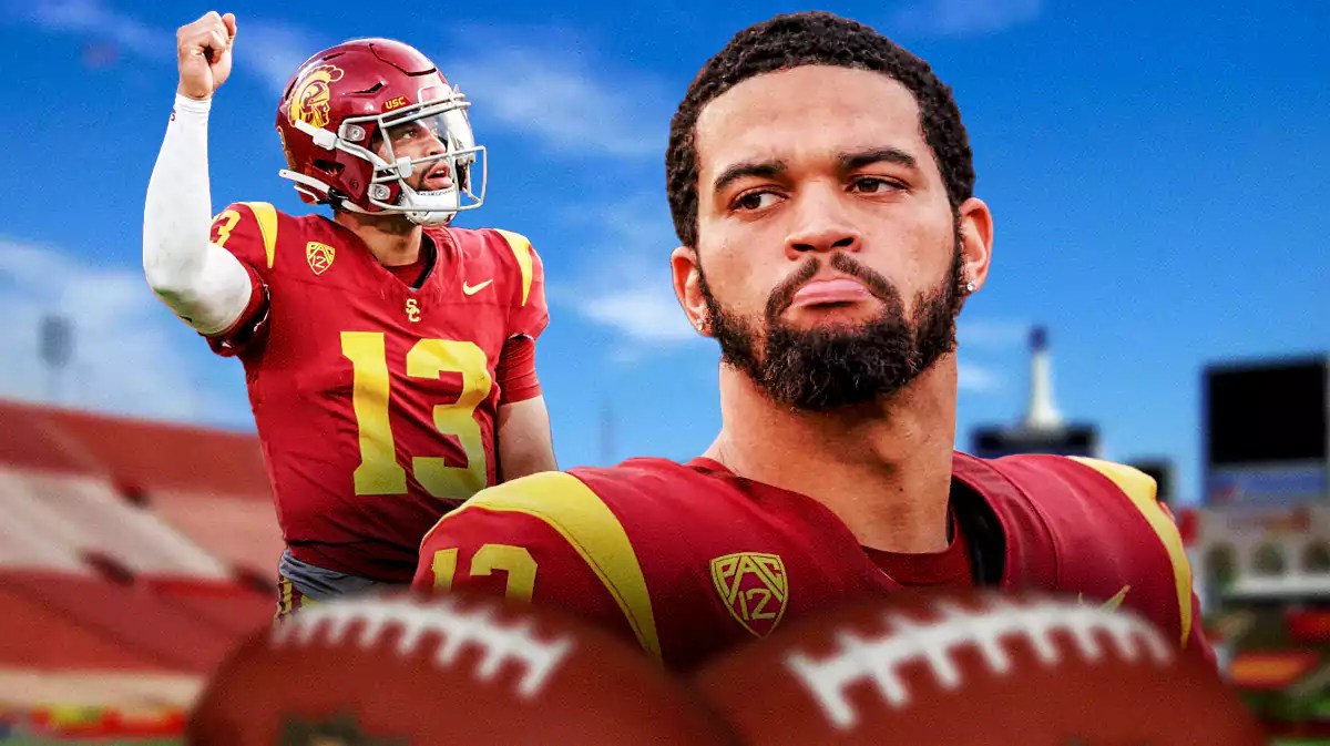 USC football, Caleb Williams, NFL Combine, Caleb Williams NFL Combine, Trojans, Caleb Williams with USC football stadium in the background