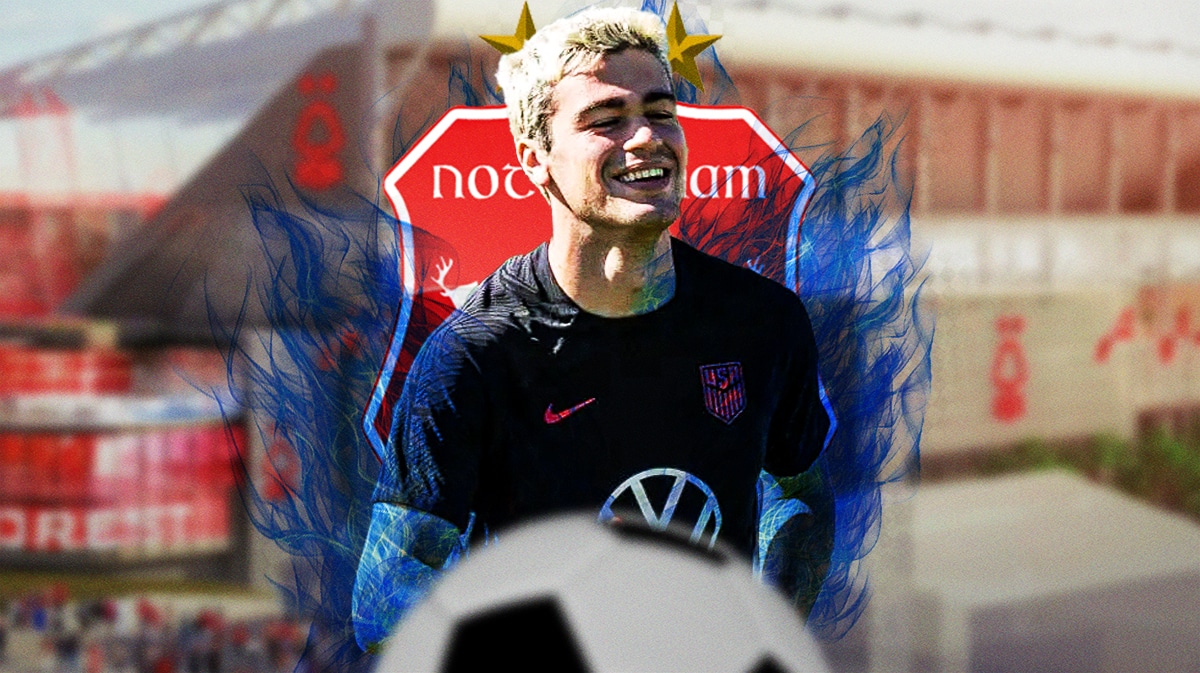Gio Reyna celebrating on blue fire in front of the Nottingham Forest logo