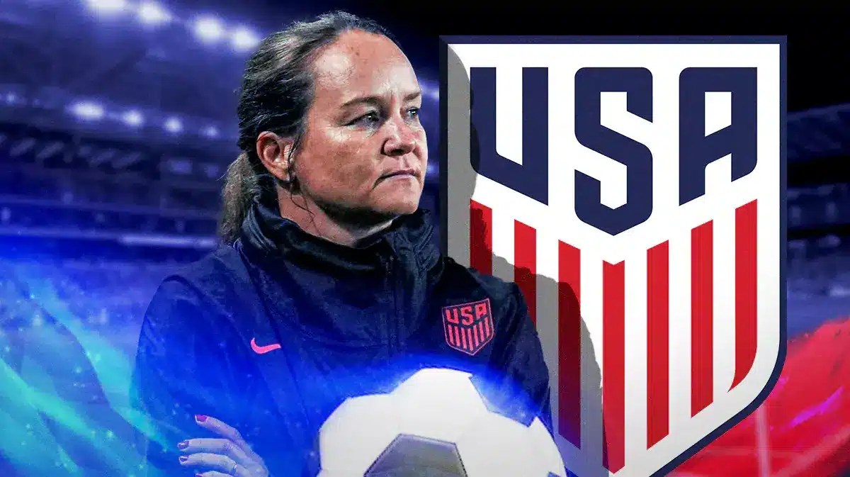 Twila Kilgore on blue fire in front of the USWNT logo