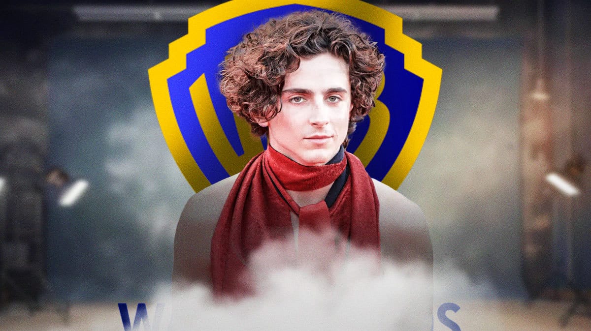 Timothée Chalamet with Warner Bros logo.