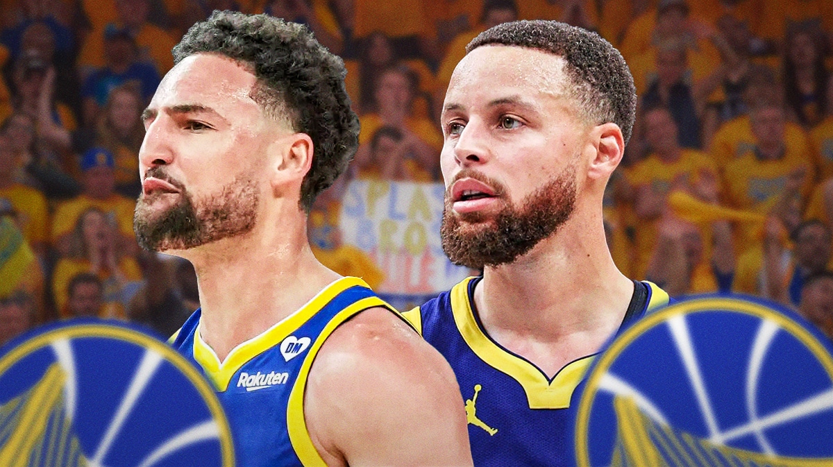 Golden State Warriors stars Klay Thompson and Stephen Curry in front of the Chase Center.
