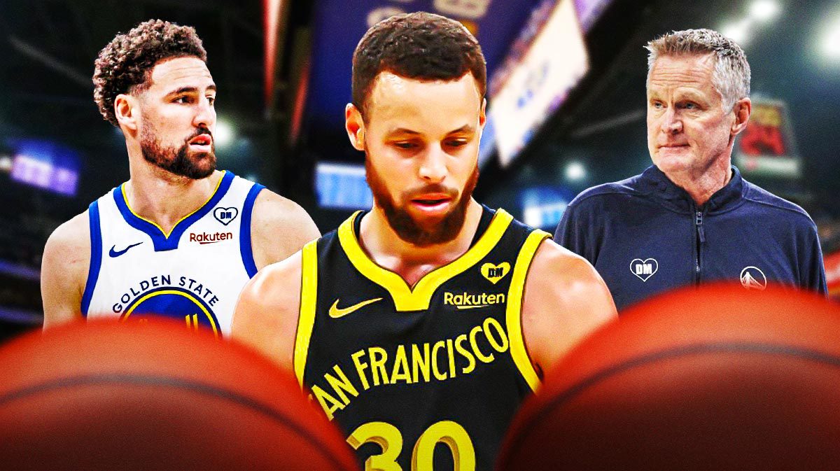 Warriors' Stephen Curry, Klay Thompson, and Steve Kerr looking concerned.