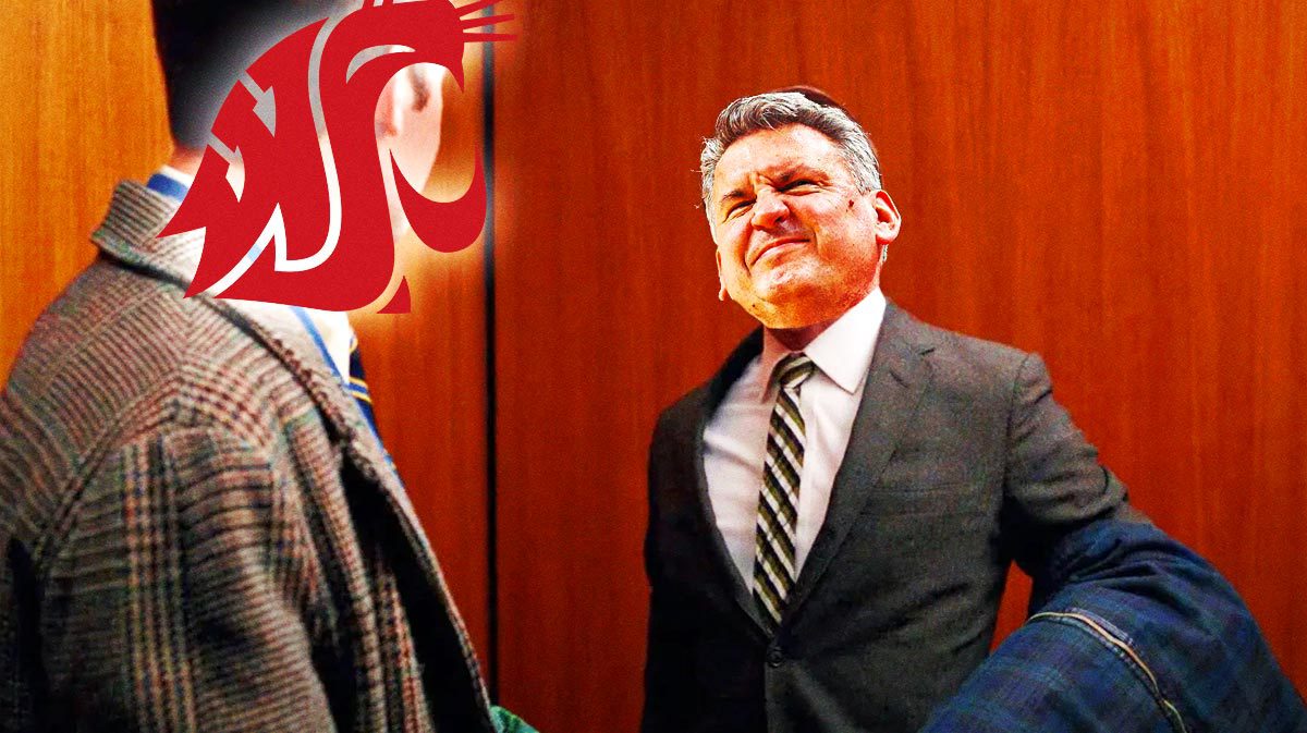 Kyle Smith (Washington State basketball head coachb) as the guy on the RIGHT, then add Washington State 2024 logo on the face of the guy on the LEFT